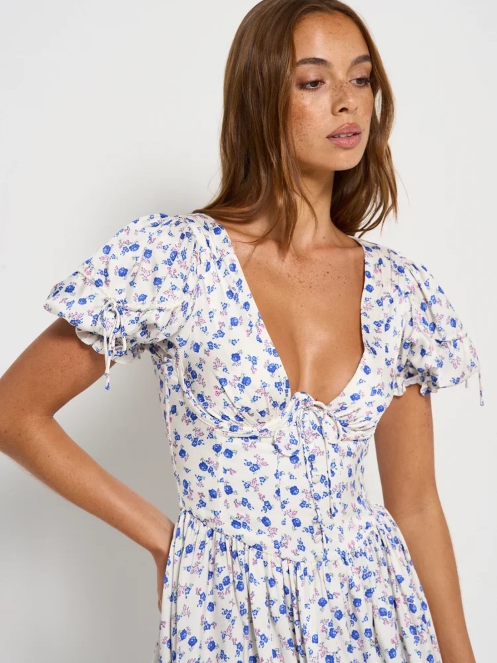 For Love & Lemons Paulina Corset White Mini Dress with Blue Floral Print - M - Picture 2 of 13